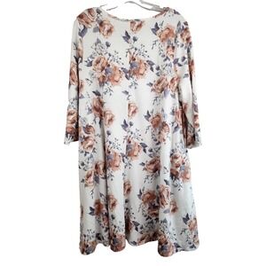 42Pops Womens Shift Dress Size 2X White Peach Floral 3/4 Sleeve BOHO Cottagecore